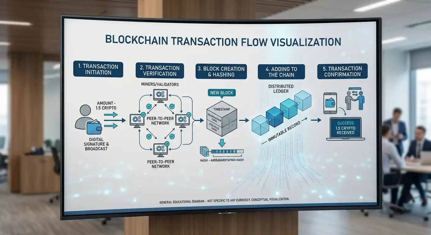 Diagrama blockchain con flujo transacciones Bitcoin visibles