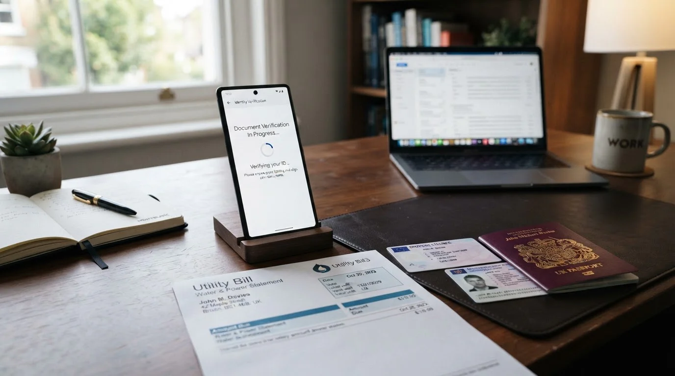 Documentos de identidad y smartphone mostrando interfaz de verificación