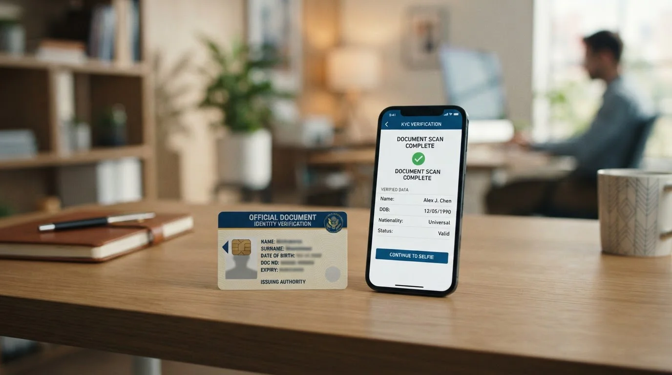 Documento oficial y smartphone mostrando interfaz de verificación KYC con campos de identificación