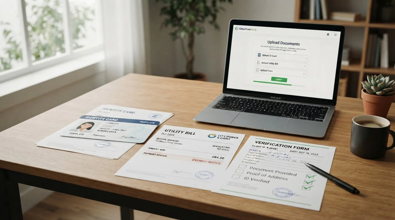 Documentos oficiales de verificación con DNI, factura y formulario sobre escritorio junto a laptop