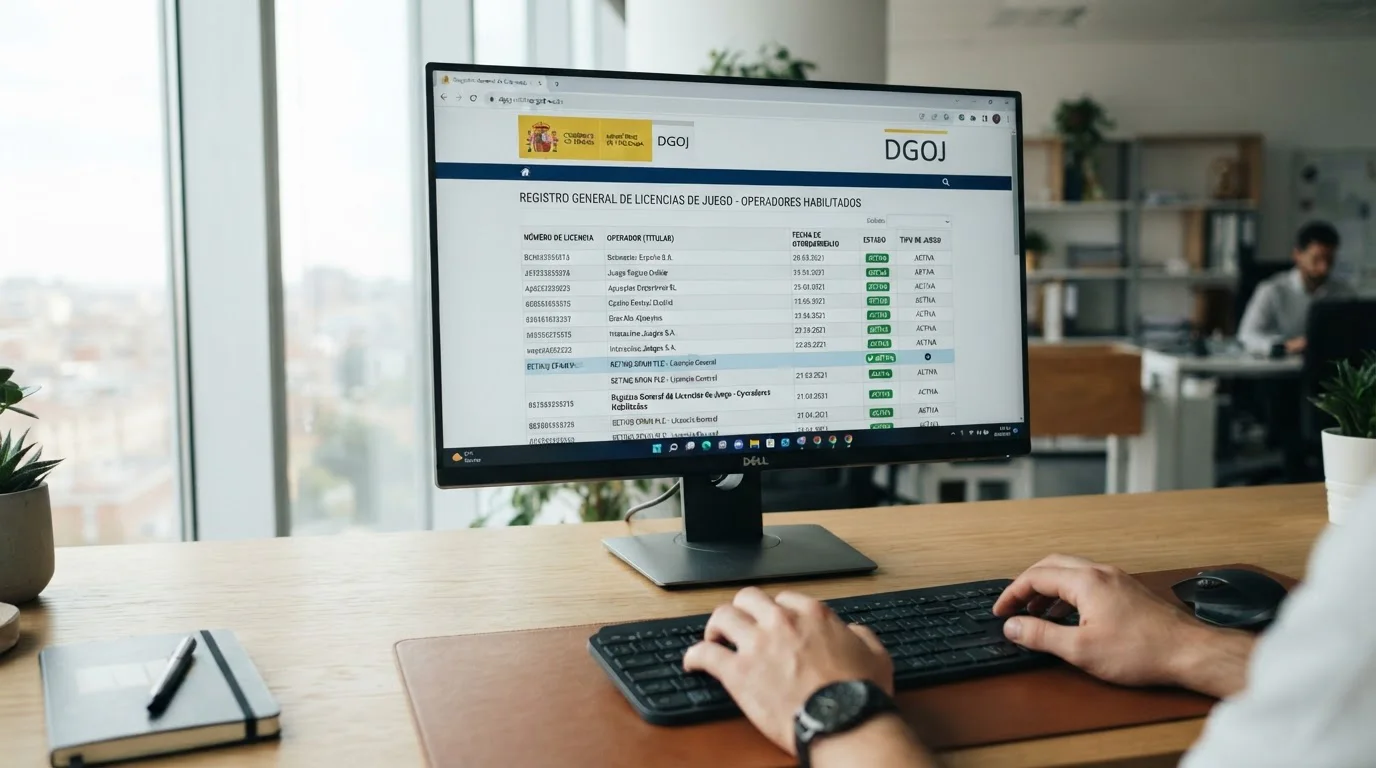 Registro DGOJ en pantalla mostrando lista de operadores con licencia activa en España