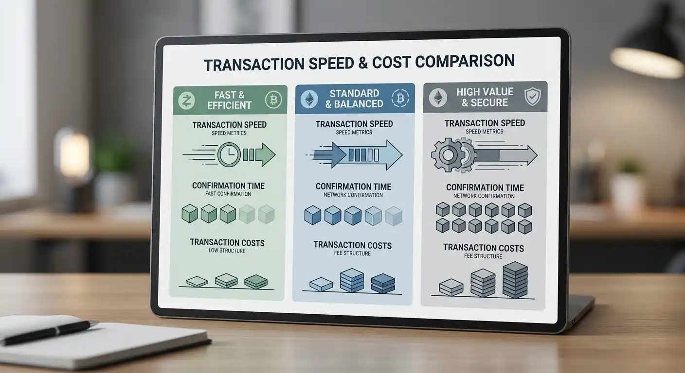 Gráfico limpio comparando velocidad y costos de transacción entre diferentes criptomonedas